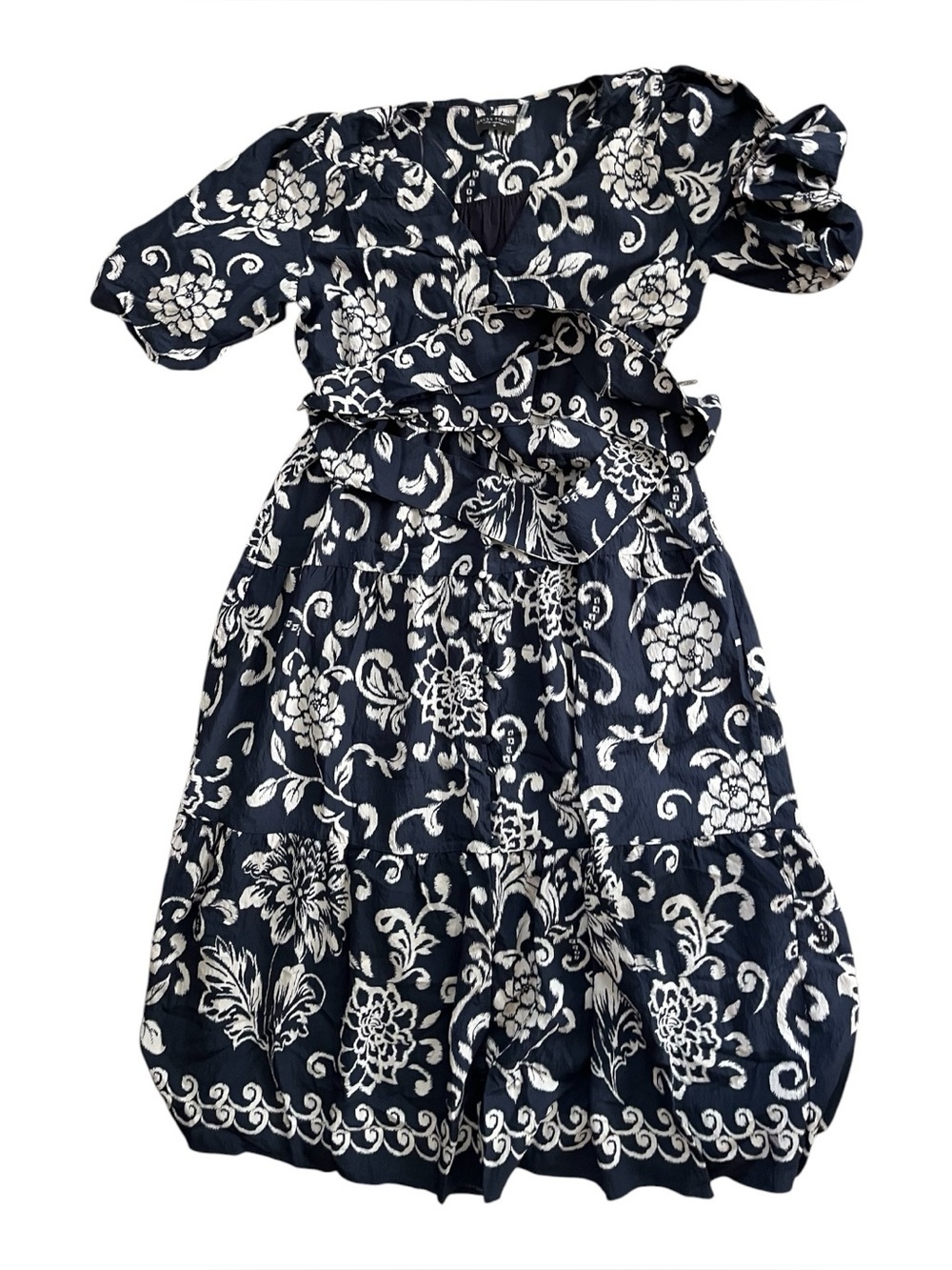 Dress Forum Navy Floral Jacquard Tie Waist Midi Dress Size Medium Puff Sleeve - Picture 2 of 4